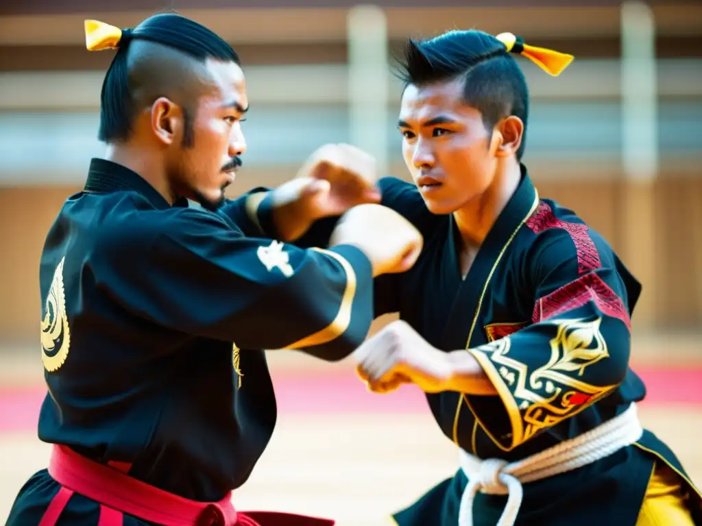 Competición de Silat: Dos practicantes en dinámico combate, capturando la intensidad y tradición del arte marcial