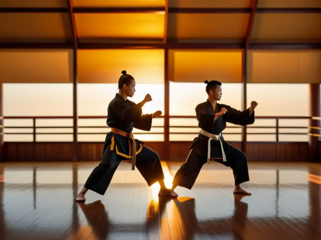 Siluetas de artistas marciales practicando al atardecer, resaltando la ética del enfrentamiento en artes marciales