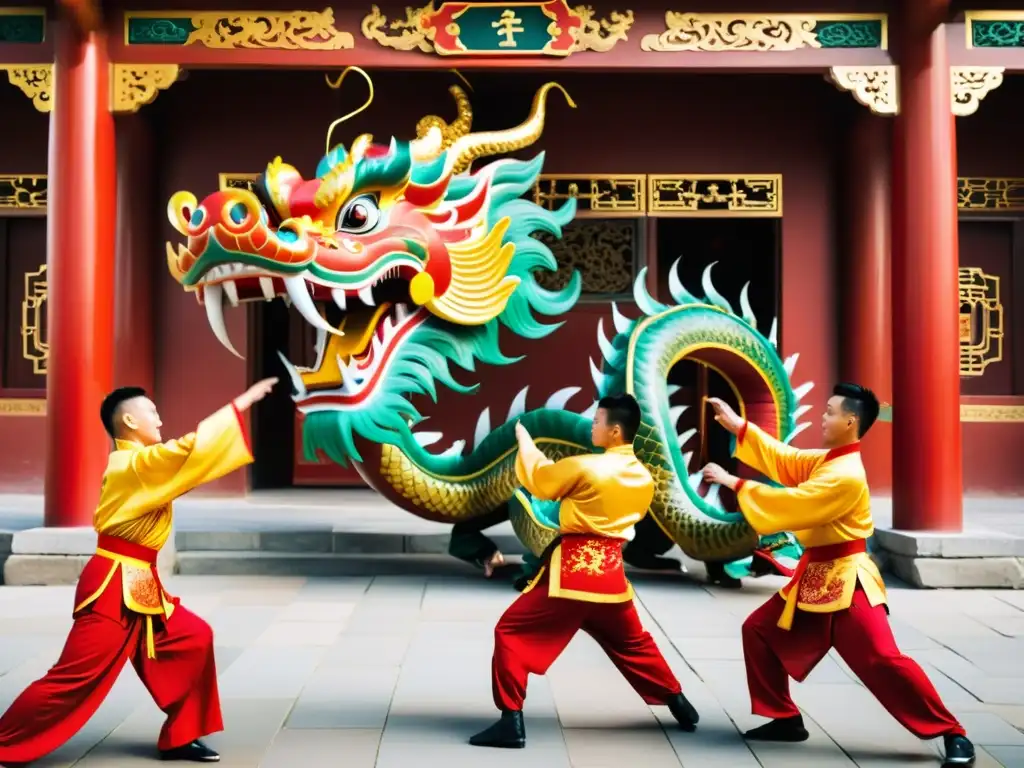 Simbolismo en artes marciales chinas: Bailarines realizan danza del dragón en templo chino, con trajes vibrantes y movimientos gráciles