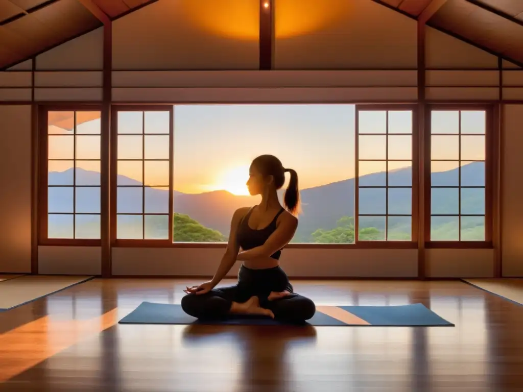 Una sinergia entre yoga y artes marciales se fusiona en un dojo sereno al atardecer, evocando tranquilidad y fuerza