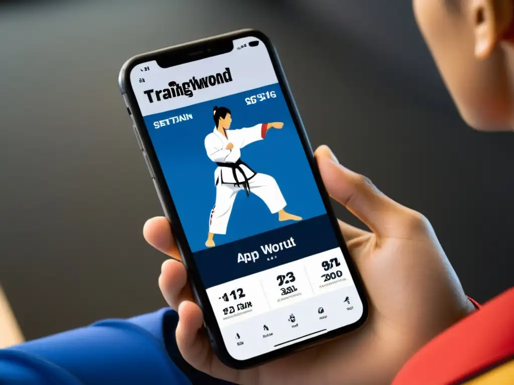 Un smartphone muestra una aplicación de entrenamiento de Taekwondo con plan detallado y motivación