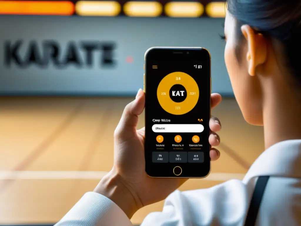 Un smartphone muestra una app de karate detallando un kata, mientras karatekas practican en un dojo