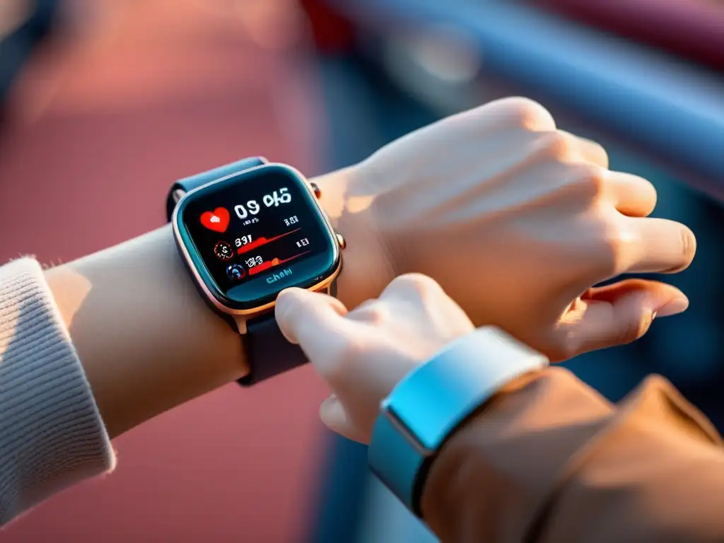 Un smartwatch de diseño metálico muestra datos de salud y fitness en alta resolución, con un ambiente de gimnasio futurista y artes marciales