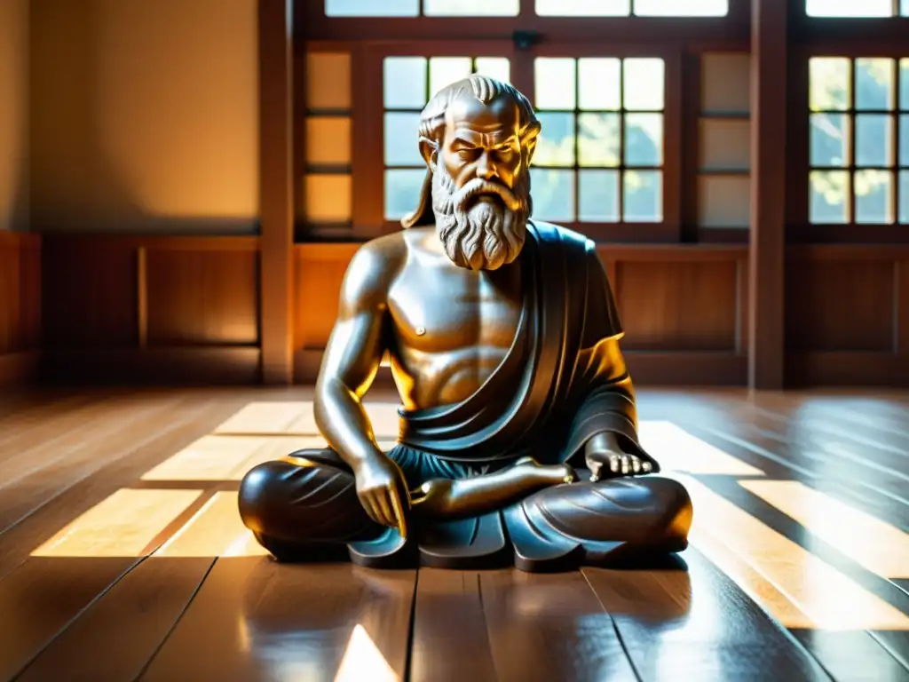 Estudio de artes marciales con Sócrates Sócrates en una academia de artes marciales, enseñanza marcial filosofía Sócrates, luz solar, estudiantes concentrados y disciplinados