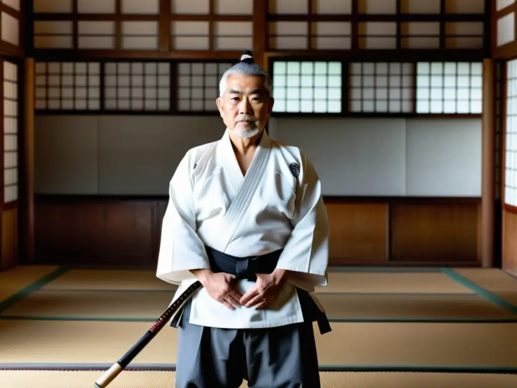 Sokaku Takeda muestra su influencia en el Daitoryu Aikijujutsu en su dojo japonés, con estudiantes atentos y respetuosos