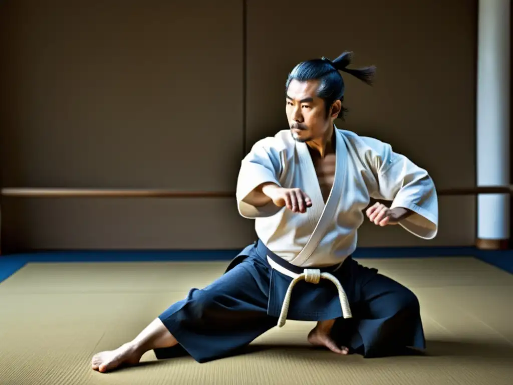 Sokaku Takeda demuestra una técnica precisa y poderosa de Aikijujutsu, exudando maestría y disciplina en un entorno tradicional japonés, destacando su influencia en Daitoryu Aikijujutsu