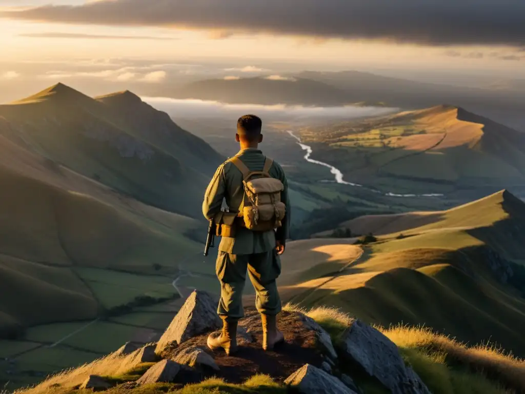 Un soldado en la cima de una montaña al amanecer, con expresión determinada y paisaje inspirador