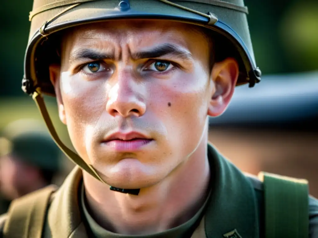 Un soldado determinado con intensa mirada y gotas de sudor