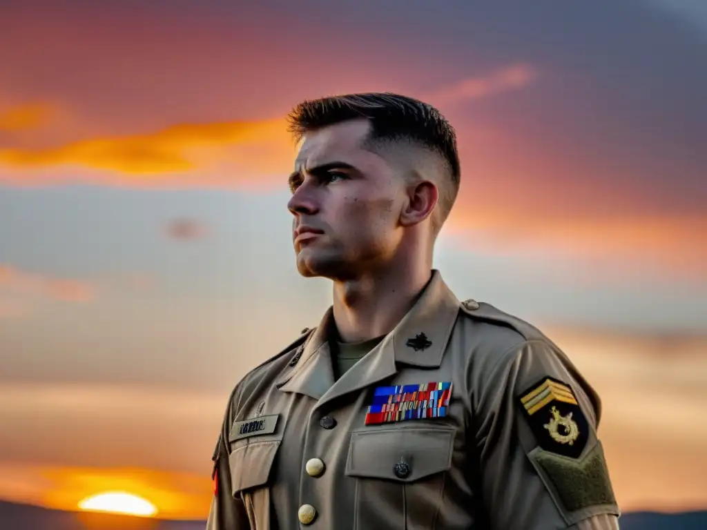 Soldado frente al amanecer, mostrando determinación y fortaleza