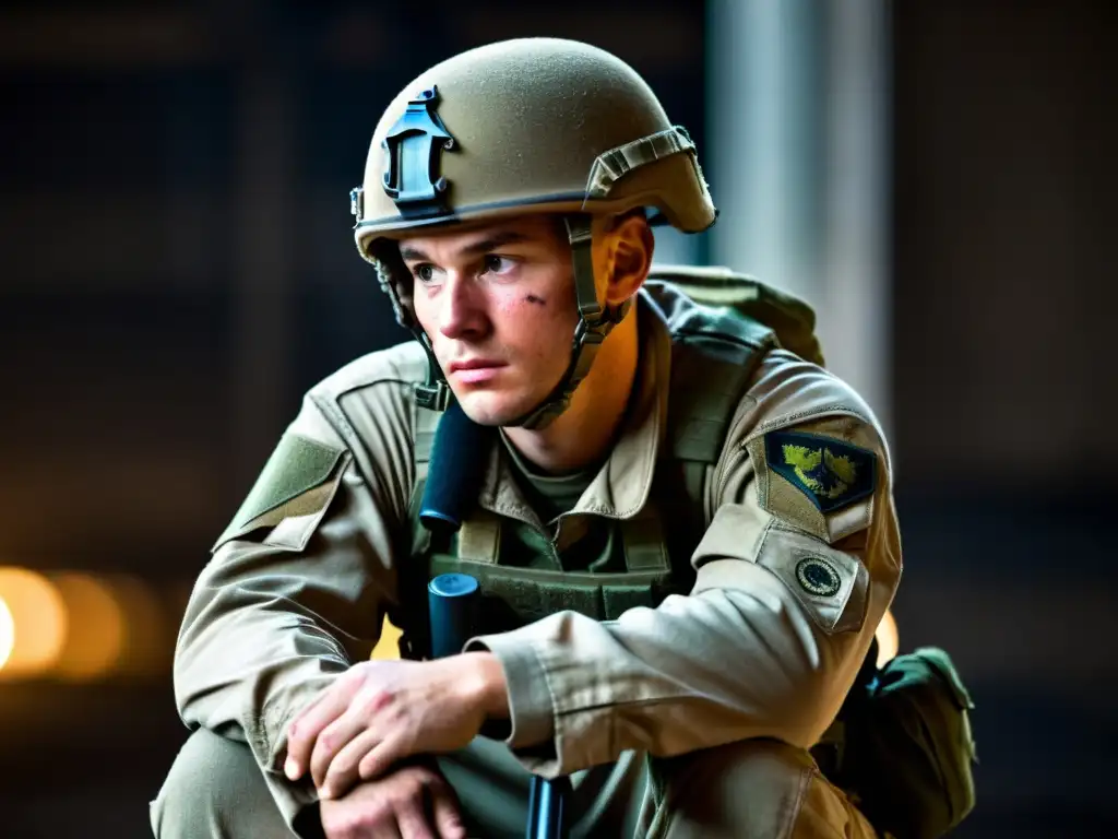 Un soldado solitario en un entorno de guerra, con gesto pensativo y agotado