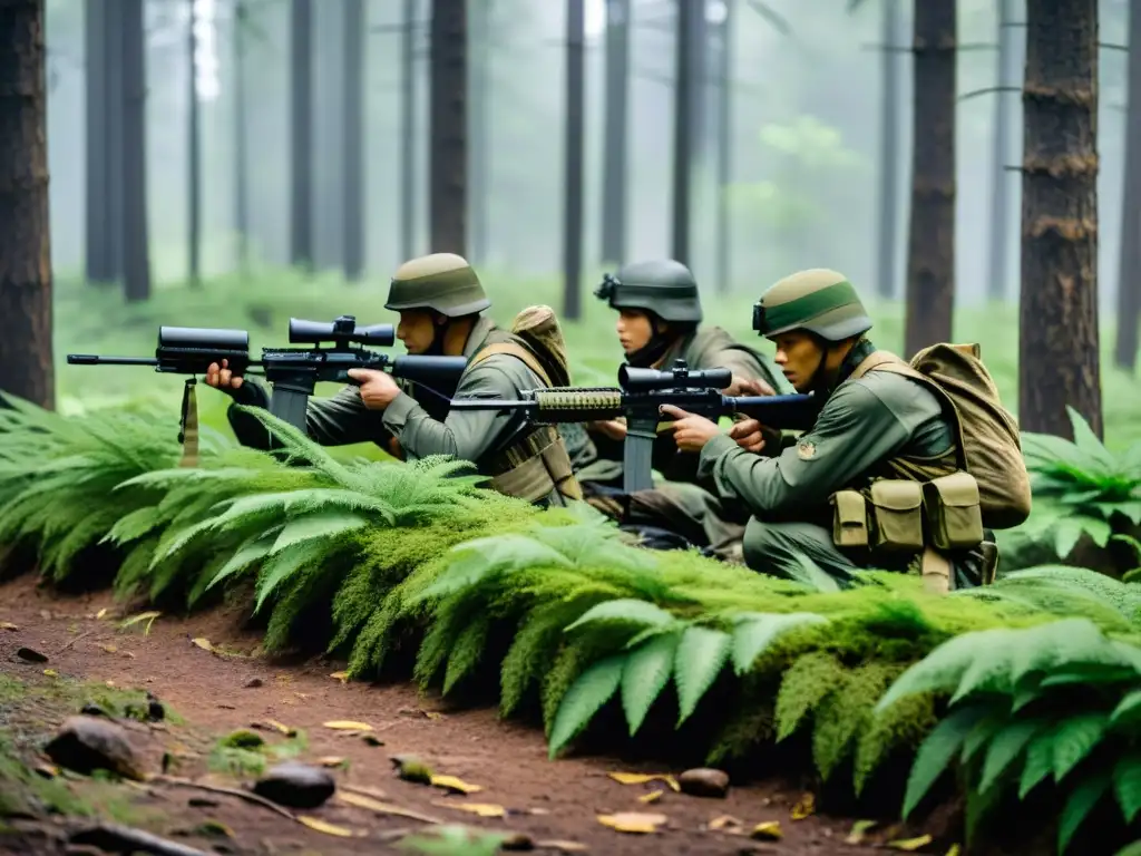 Soldados en un campamento de entrenamiento de guerrilla moderna, practicando tácticas inspiradas en Ninjutsu en un entorno boscoso