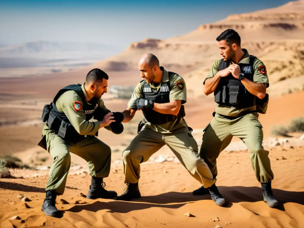 Soldados del IDF practicando técnicas de Krav Magá en el desierto, destacando los orígenes y técnicas del Krav Magá en Israel