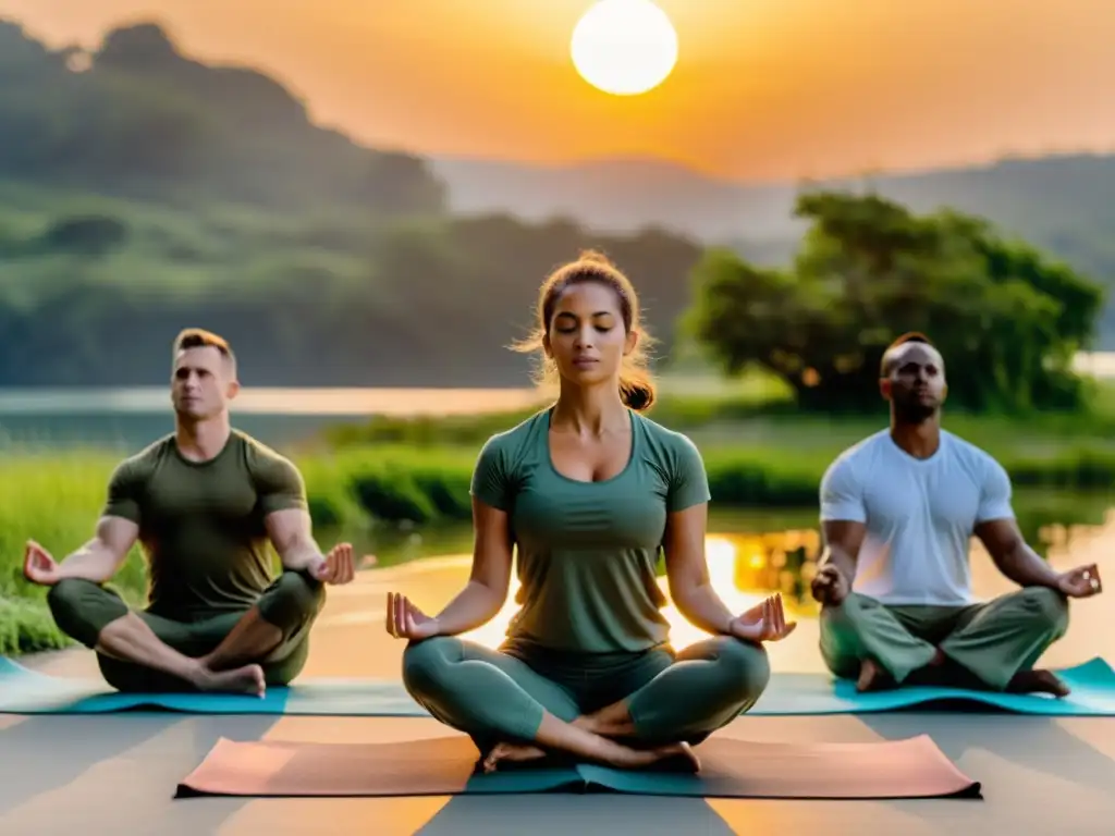 Soldados practicando yoga al atardecer, buscando control del estrés en combatientes con yoga en un entorno sereno y natural