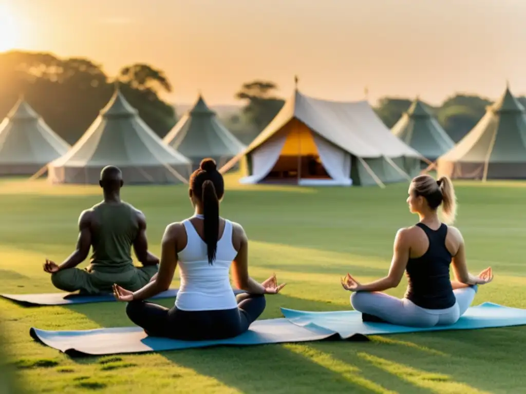 Soldados practicando yoga al amanecer, mostrando calma en contraste con su entorno