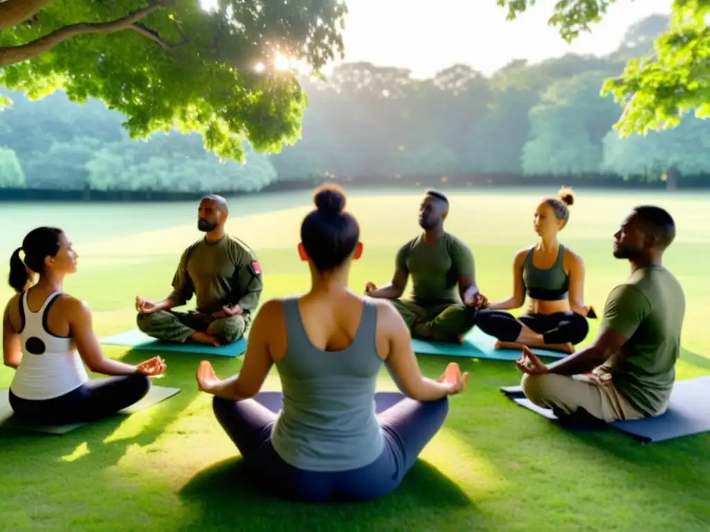 Soldados practicando yoga para el control del estrés en un ambiente militar tranquilo y sereno bajo la luz del sol entre los árboles