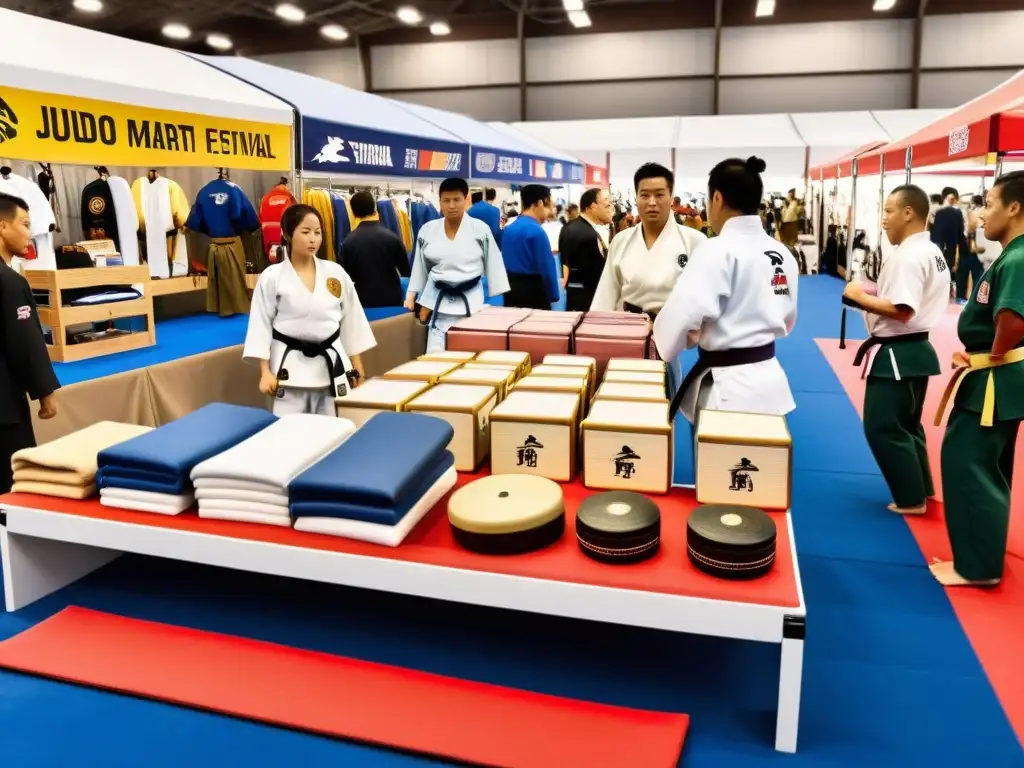 Souvenirs populares en festival de artes marciales con vibrante ambiente de actividad y exhibición de accesorios de judo