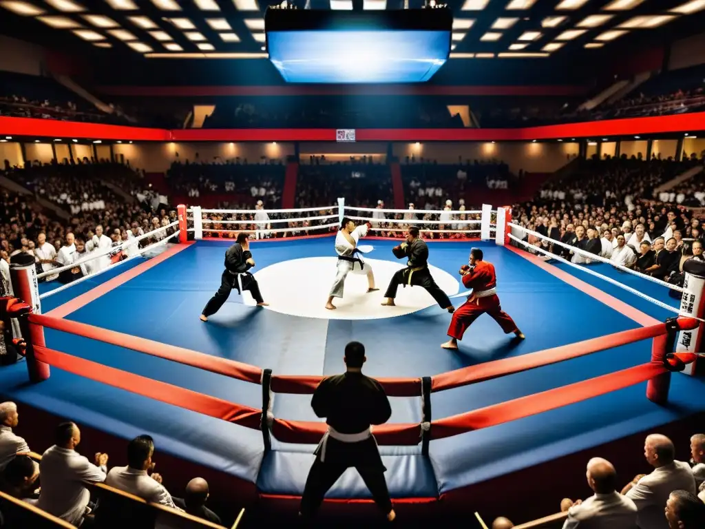 Streaming en vivo artes marciales: Vibrante arena de artes marciales con combates dinámicos y público emocionado