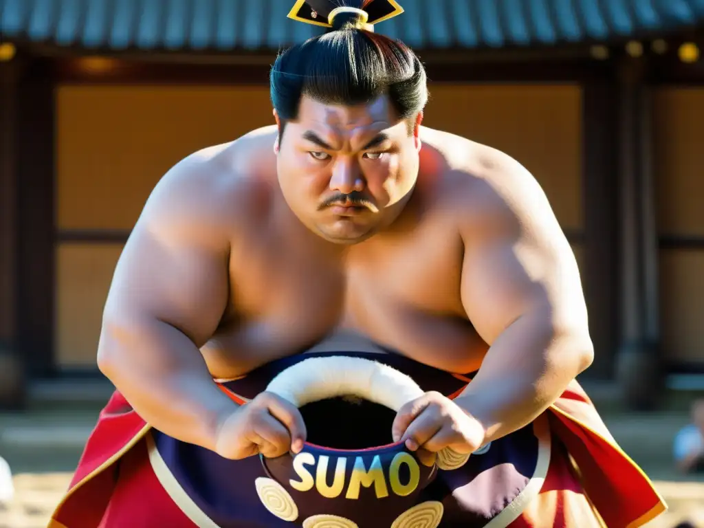 Un sumo en ceremonia dohyoiri, vistiendo el keshomawashi con origen y simbolismo trajes sumo, refleja la tradición y fuerza