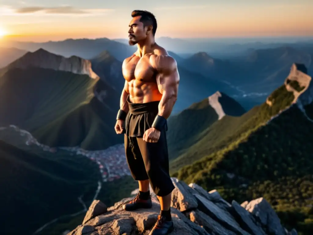 Un superhombre en la cima de una montaña, vistiendo atuendo de artes marciales, reflejando fuerza y determinación