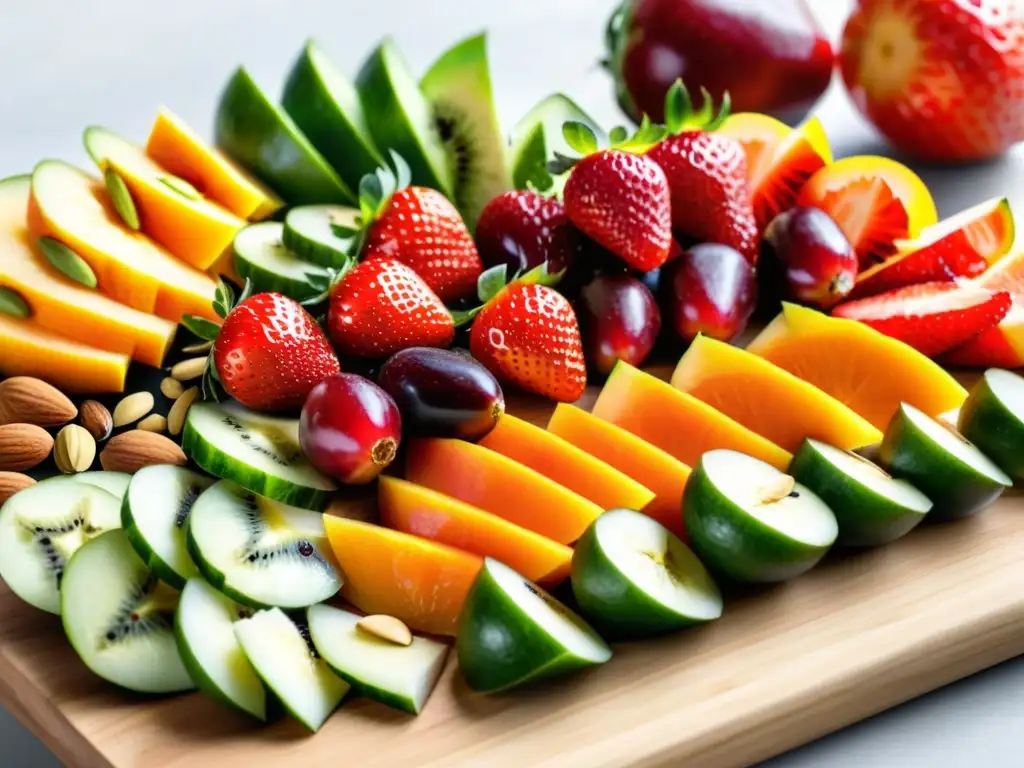 Una tabla con frutas frescas y frutos secos, listos para disfrutar como snacks saludables antes de la clase de artes marciales