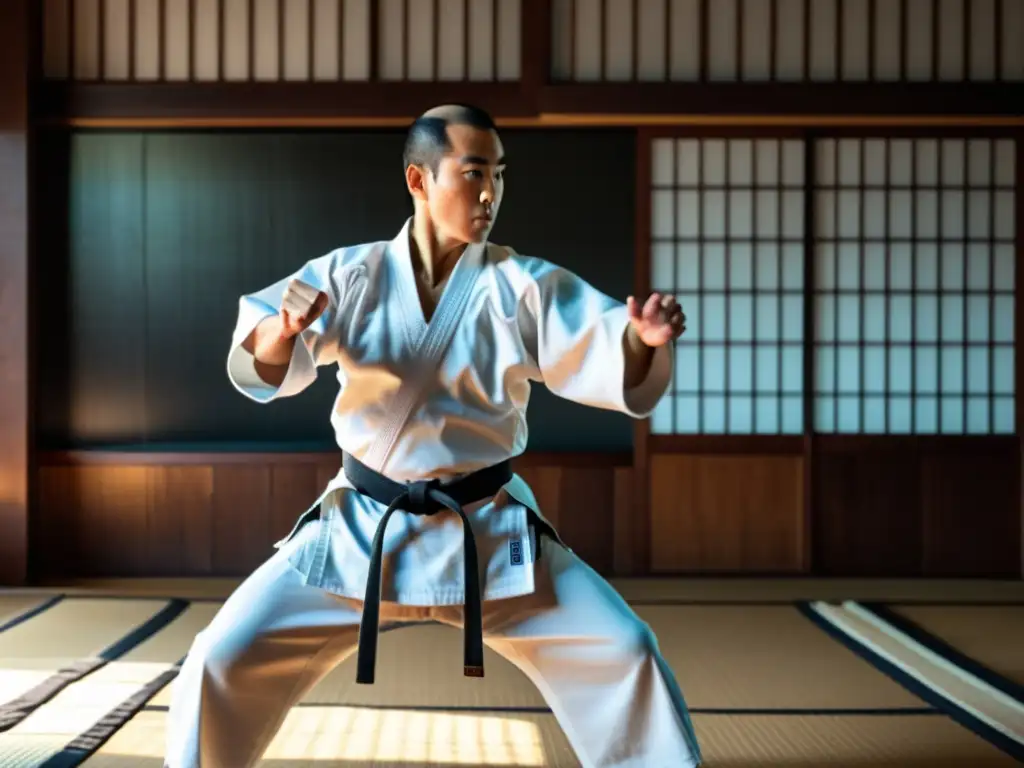 Tadashi Nakamura ejecuta con maestría un kata de Karate Seido en un dojo tradicional, reflejando disciplina y habilidad