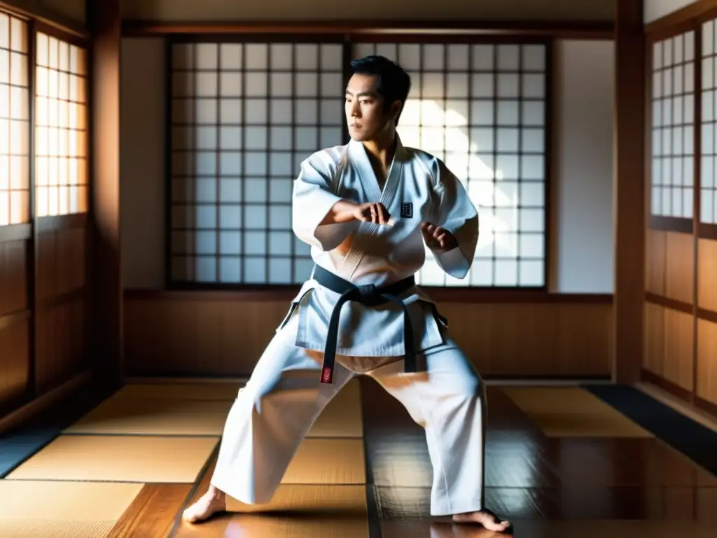 Tadashi Nakamura realiza con precisión una kata en un dojo sereno, reflejando la disciplina y maestría del Karate Seido