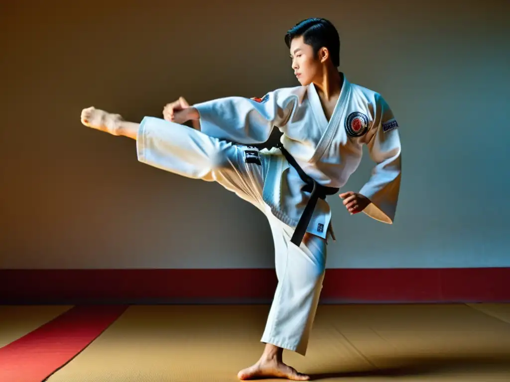 Un taekwondista hábil ejecuta elegantes y poderosas patadas en un dojang tradicional, mostrando determinación y concentración