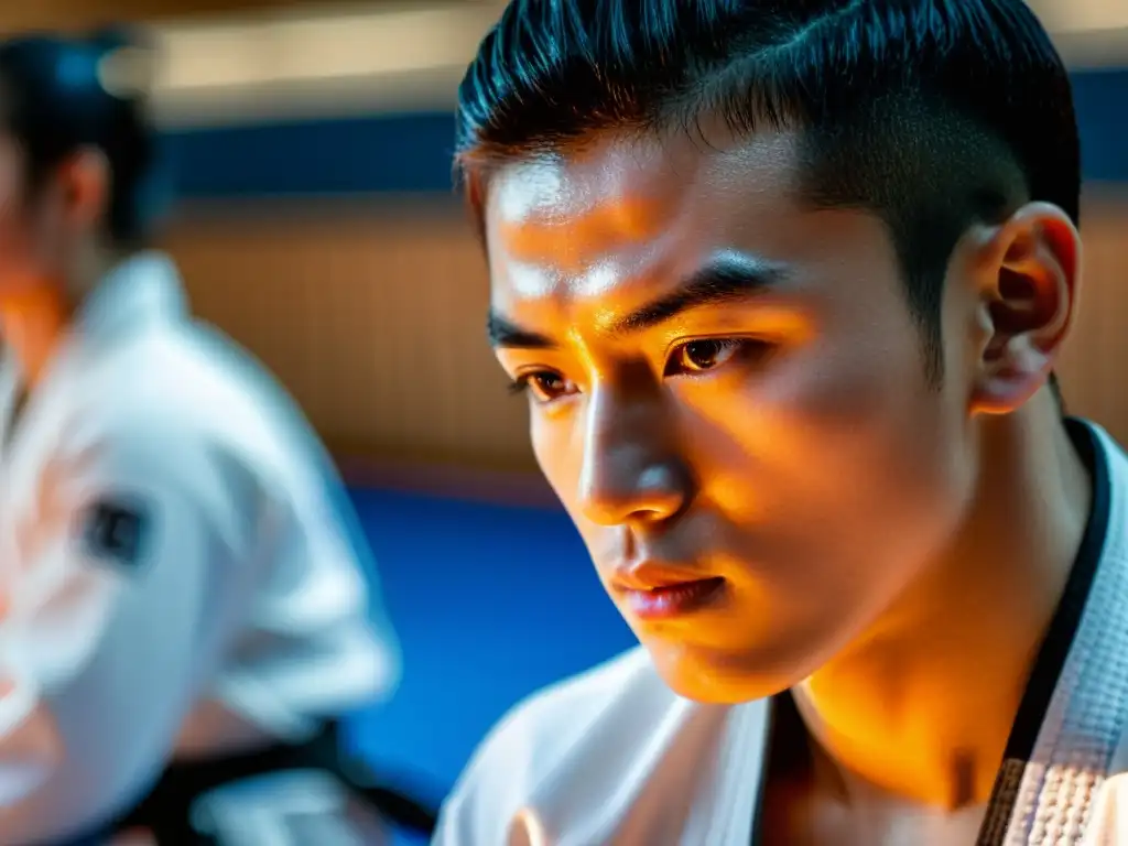 Un taekwondista en post competición, en pose meditativa, con mirada enfocada y músculos tensos, en un dojo sereno