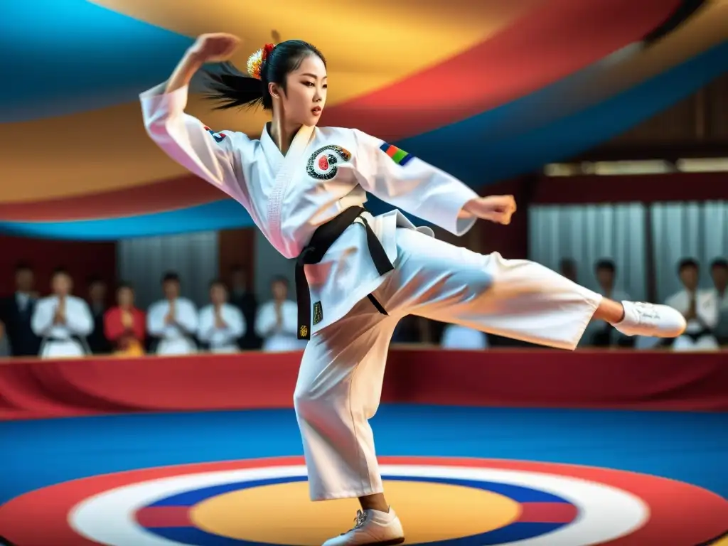 Un taekwondista ejecuta un potente salto con un fondo de danza folclórica, capturando el diálogo cultural entre taekwondo y danza folclórica