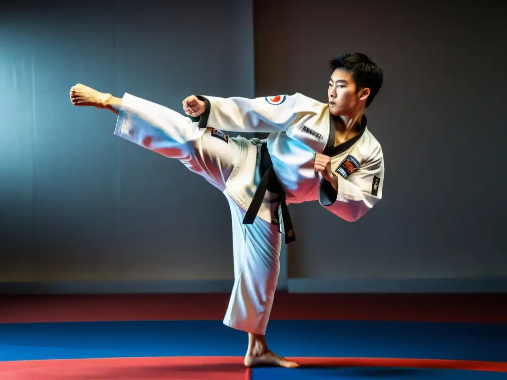 Maestría en Taekwondo: Pumsae de precisión y gracia Un taekwondista ejecuta un pumsae con precisión y determinación en un dojang tradicional