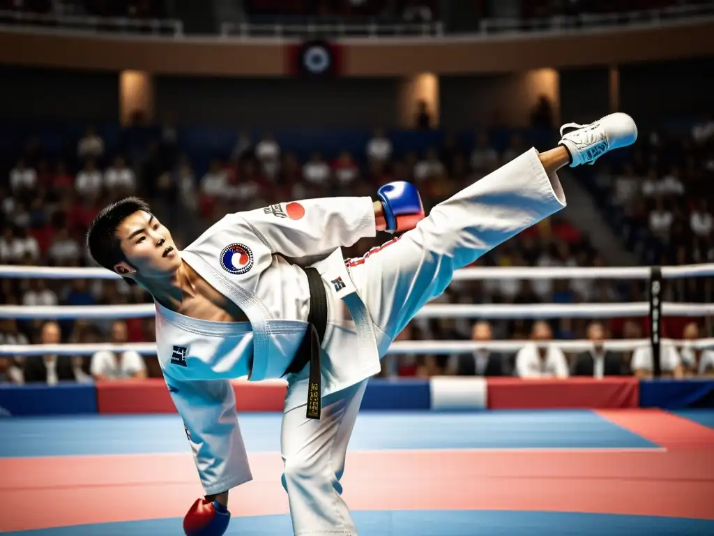 Taekwondo: Atleta en campeonato mundial ejecuta impecable patada circular, mostrando determinación y agilidad, con espectadores emocionados de fondo