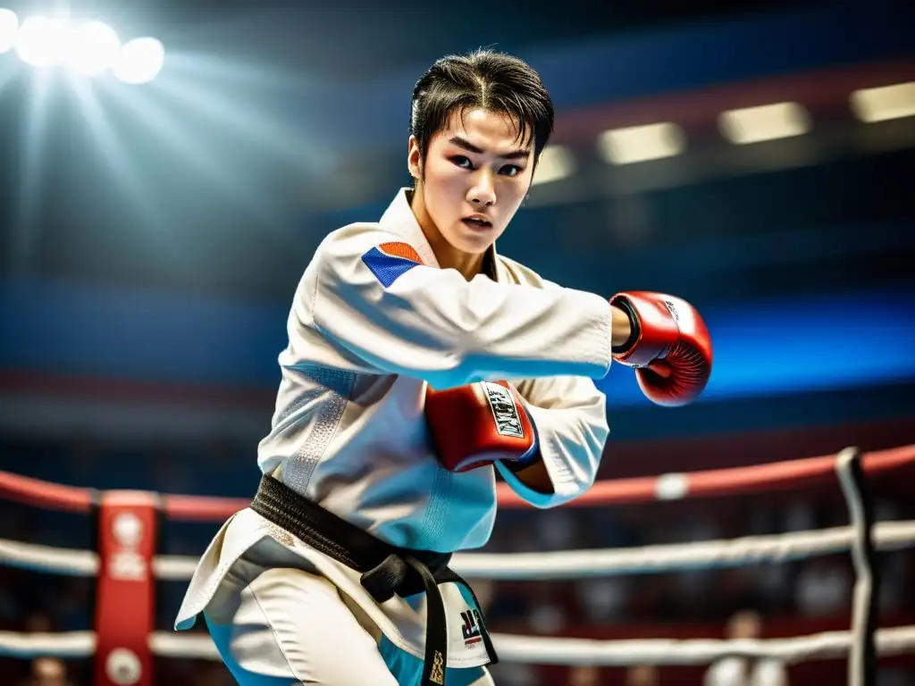 Taekwondo: Atleta ejecuta una patada impecable en campeonato, mostrando estrategias ganadoras en campeonatos Taekwondo