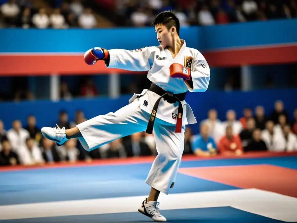 Taekwondo: atleta ejecuta un salto con patada giratoria perfecta en campeonato, demostrando estrategias ganadoras en campeonatos Taekwondo