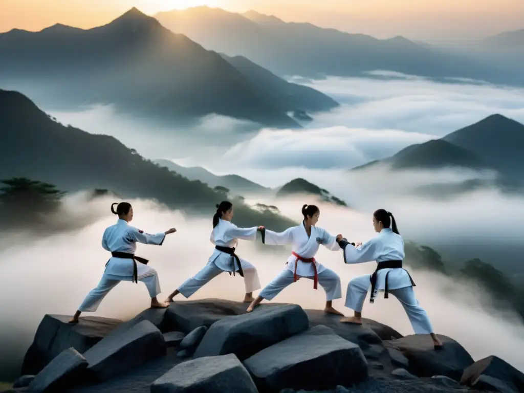 Práctica de Taekwondo al amanecer en la montaña, destacando la conexión entre la disciplina y la naturaleza