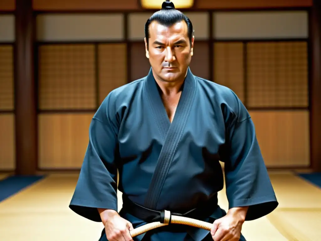 Steven Seagal ejecutando una técnica iriminage con determinación en un dojo de Aikido