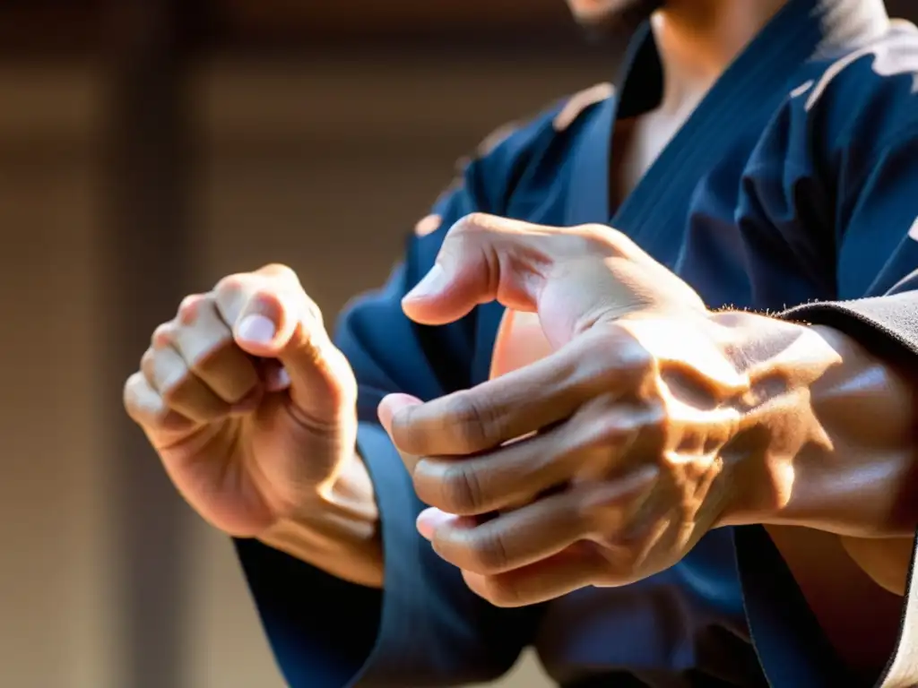 Kanbun Uechi demostrando técnica de Uechiryu Karatedo, sus manos muestran fuerza y gracia, estudiantes observan con reverencia