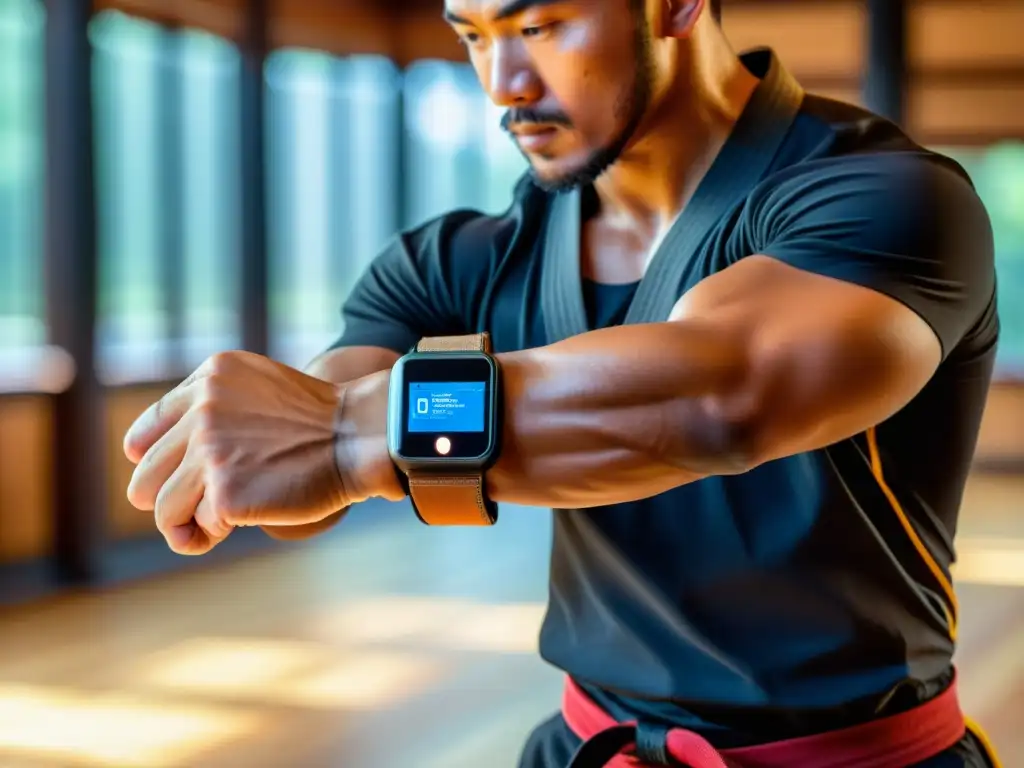 Mejorar técnica combate con wearables: Practicante de artes marciales ejecuta patada giratoria, con tecnología wearable en la muñeca y dojo de fondo