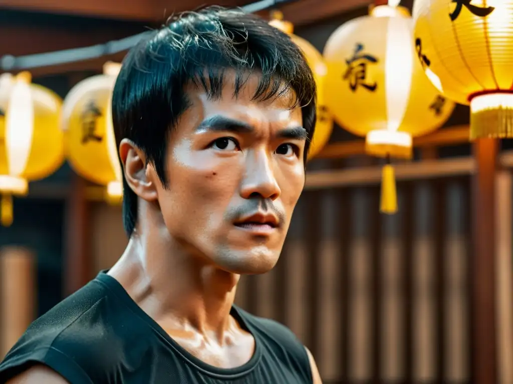 Bruce Lee ejecuta una técnica precisa de Jeet Kune Do, con determinación en sus ojos