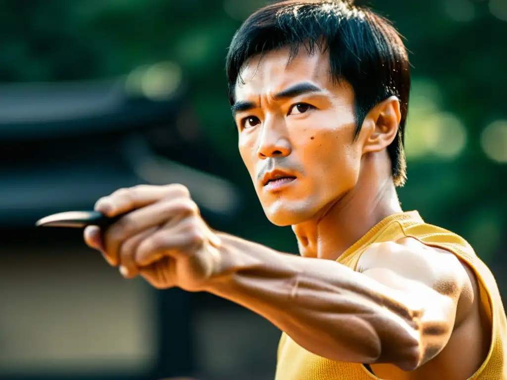 Bruce Lee ejecuta con maestría una técnica precisa y poderosa de Jeet Kune Do, con intensidad en su mirada y un movimiento dinámico y fluido