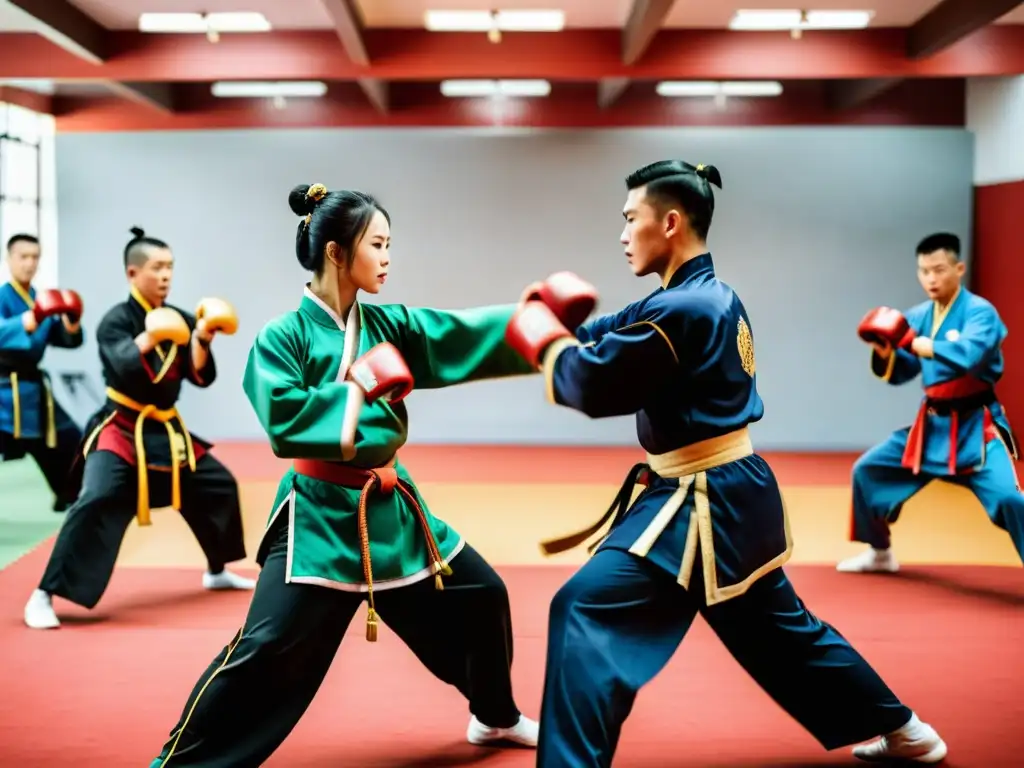 Competición de Wushu y Kung Fu, demostración de técnicas avanzadas en un salón tradicional