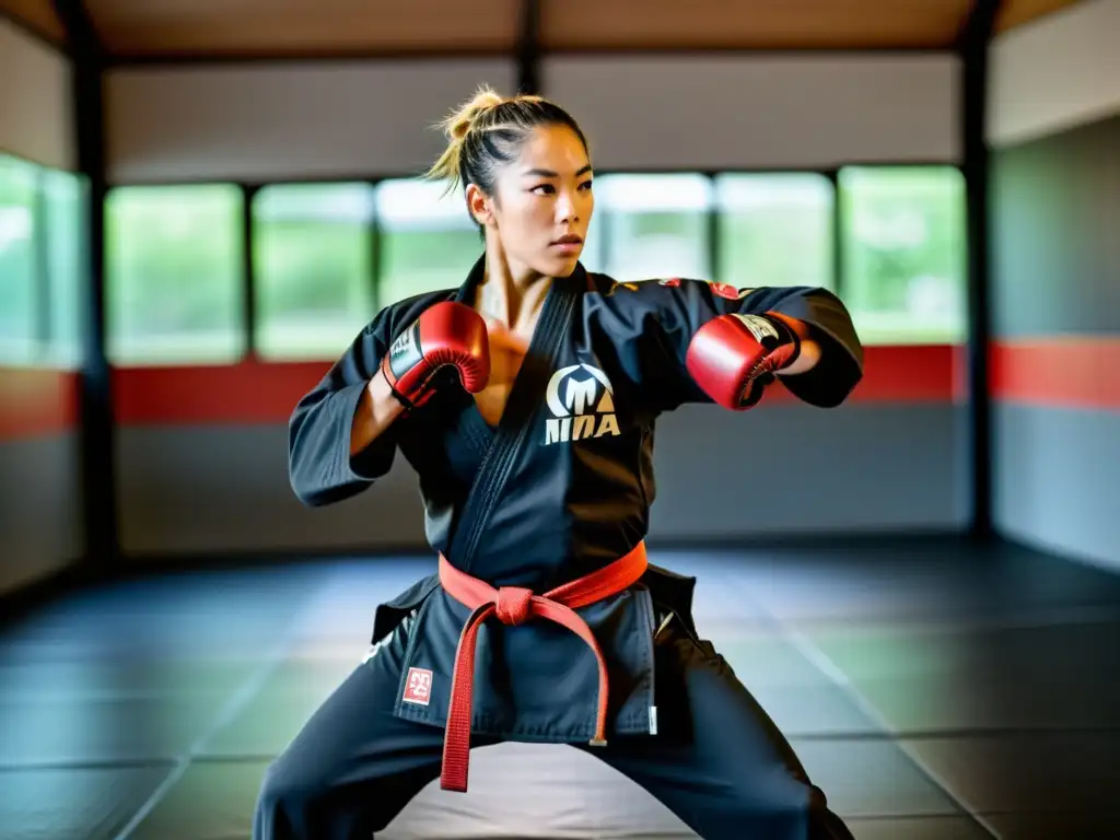 Aplicando técnicas de MMA en defensa personal: Una impactante demostración de artes marciales en un estudio profesionalmente iluminado