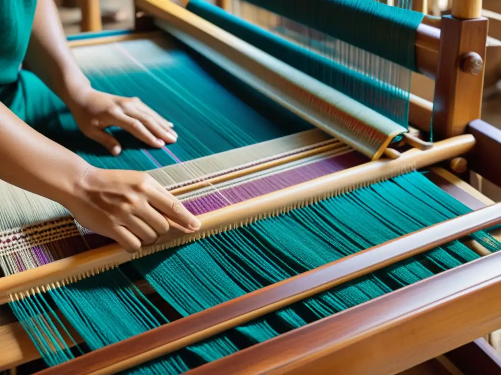 Un tejido tradicional dobock se entrelaza en un telar de madera, destacando la artesanía y colores vibrantes