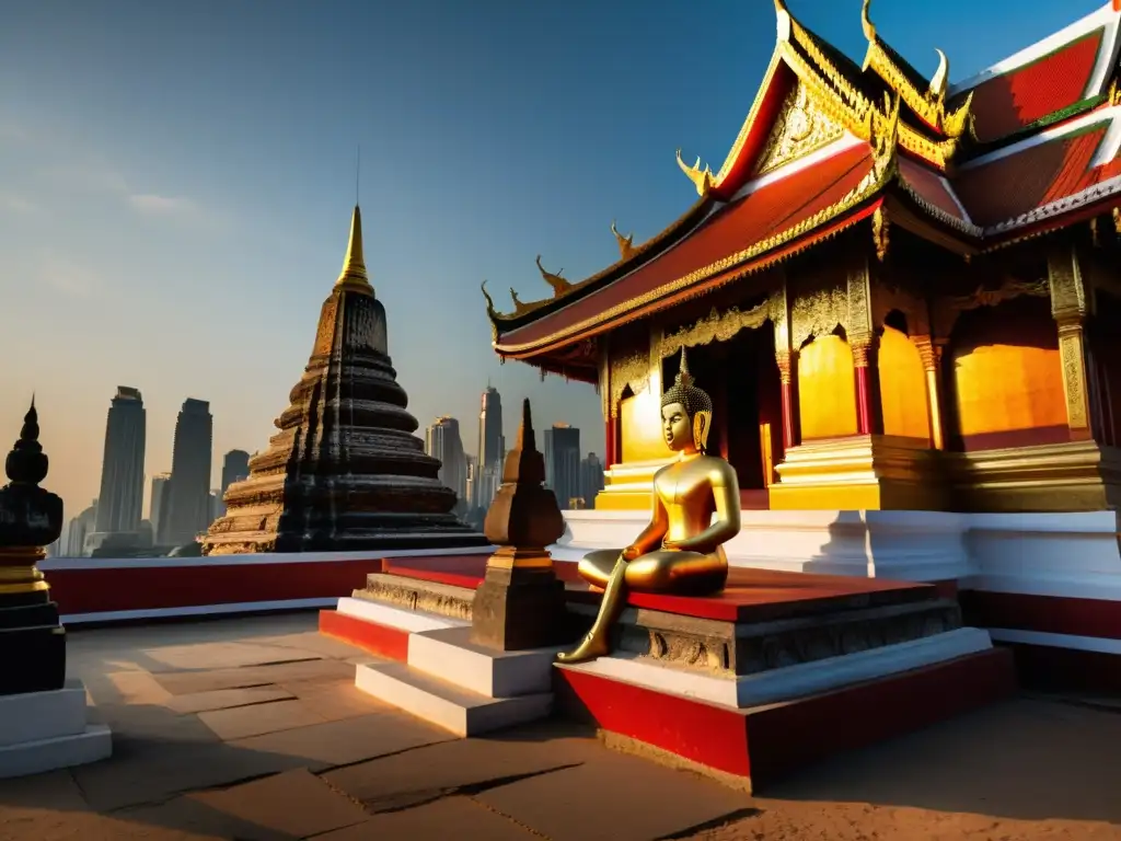 Templo antiguo de Muay Thai con esculturas y detalles, mostrando su origen y evolución en la mañana