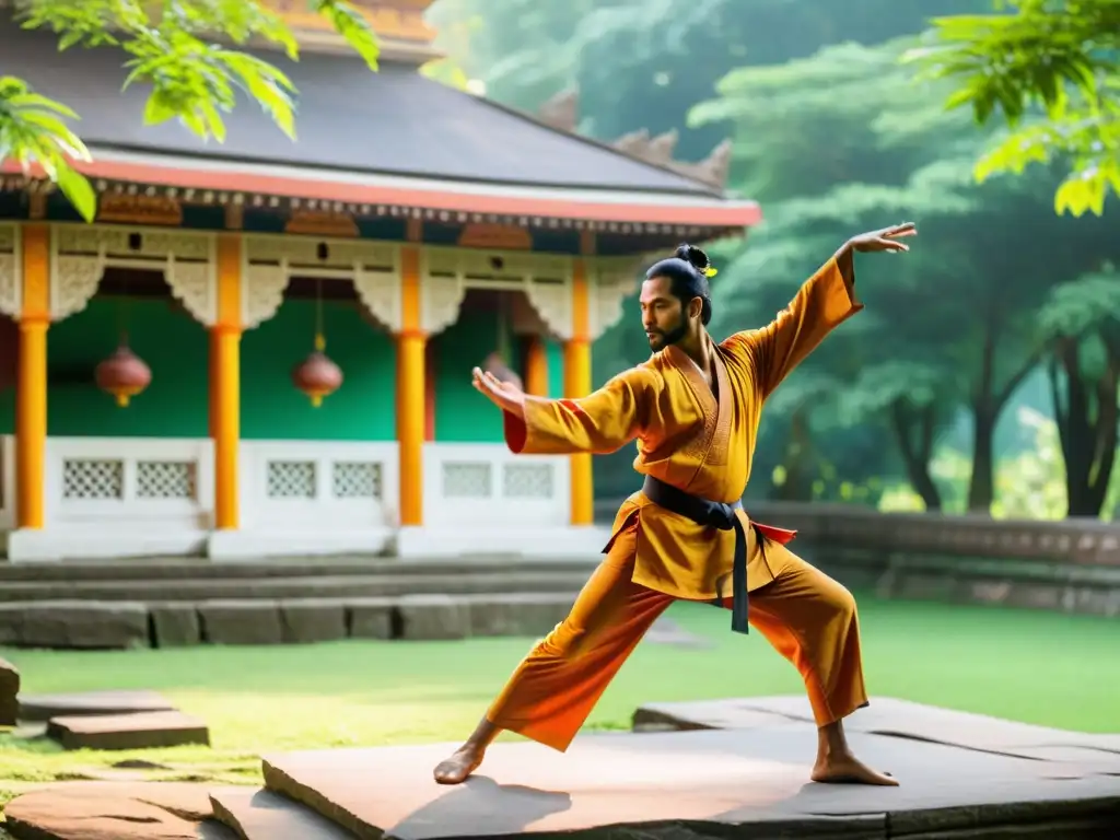 Un templo antiguo y sereno se fusiona con las artes marciales en un bosque exuberante, reflejando la influencia india en artes marciales