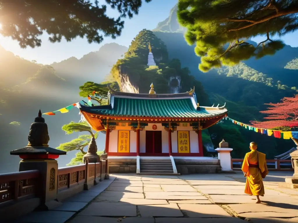 Templo de montaña envuelto en la niebla con monjes practicando Kung Fu Confuciano en armonía con la naturaleza