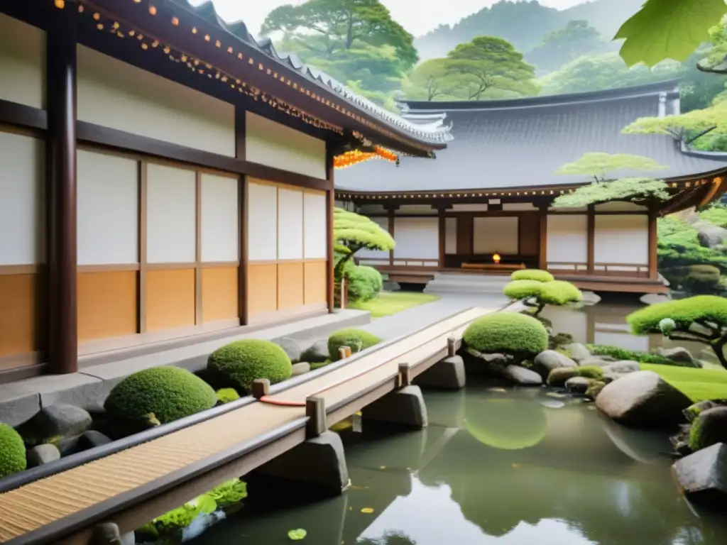 Un templo japonés sereno rodeado de exuberante vegetación, con practicantes de Aikido en armonía, evocando paz y conexión espiritual en Japón