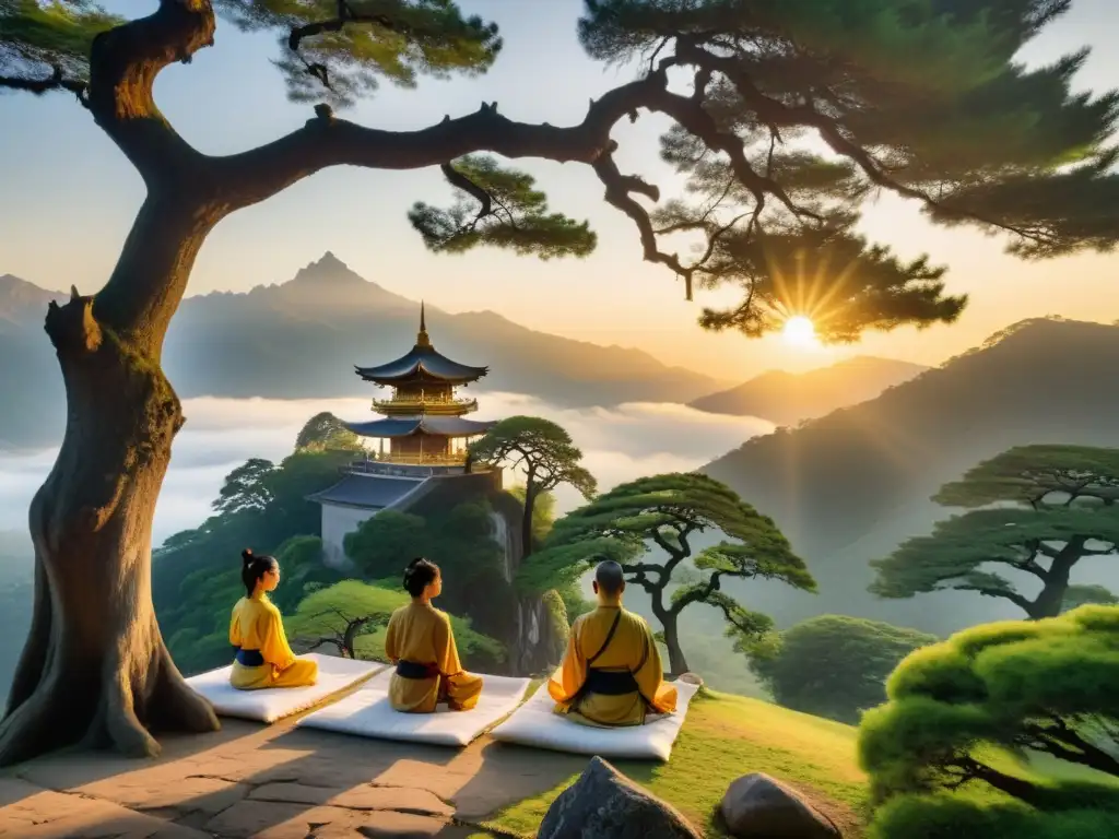 Un templo de montaña sereno y neblinoso con artistas marciales practicando tai chi al amanecer