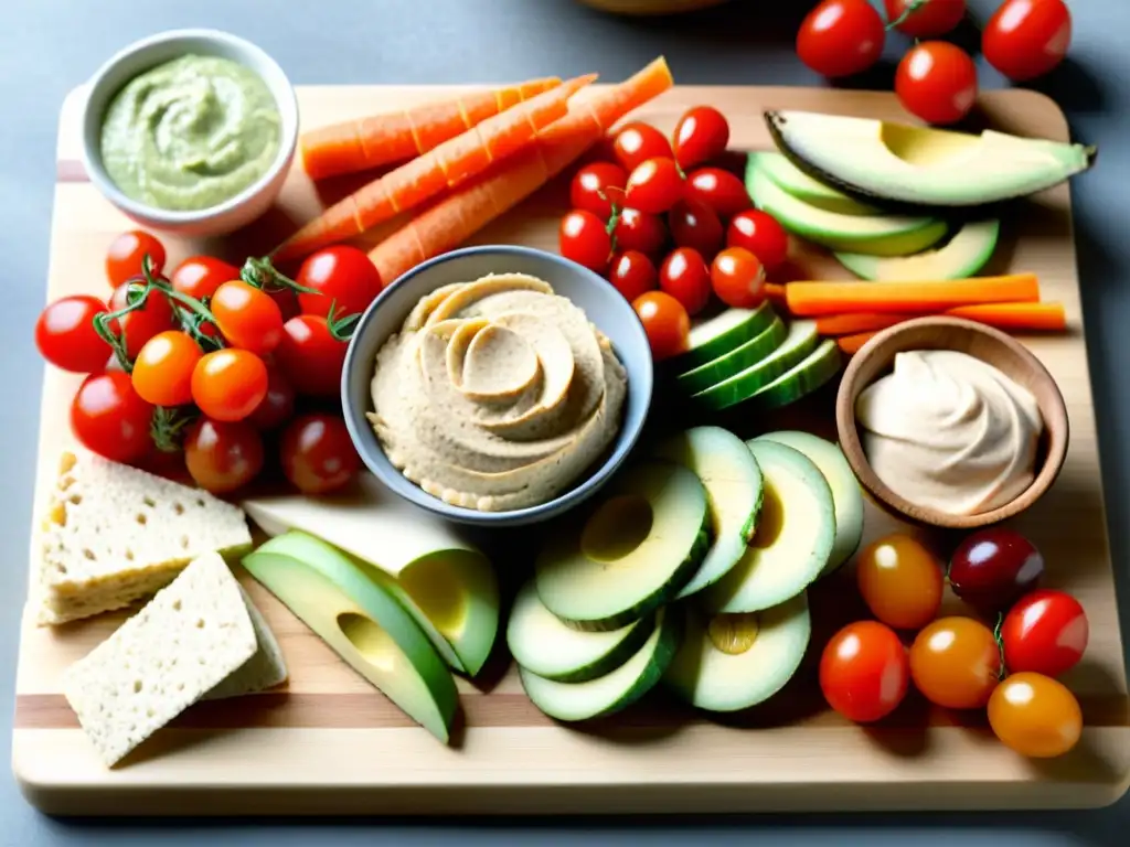 Un tentador y saludable surtido de snacks coloridos y frescos, dispuestos sobre una tabla de cortar de madera