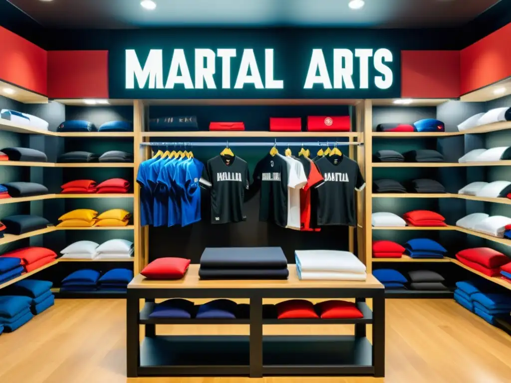 Tienda de artes marciales con merchandising oficial, destacando productos vibrantes y detallados