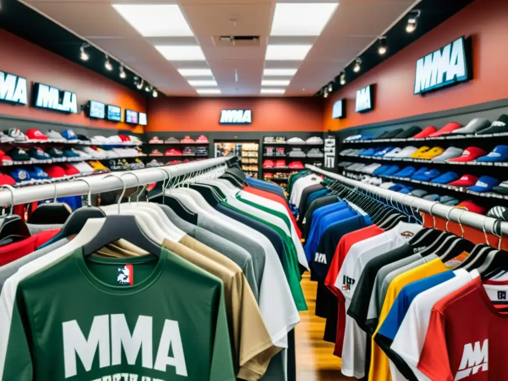 Tienda de camisetas oficiales más vendidas MMA con clientes entusiasmados y dependiente atento ayudando a un comprador